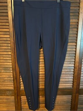 Chico's Dark Navy Pull-On Ponte Ankle Pants with silver studs at the ankle